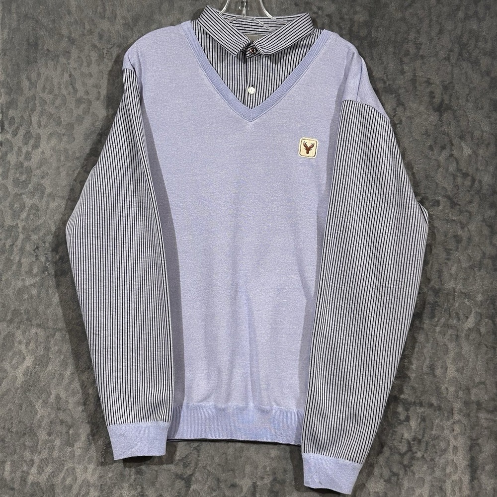 Manfinity XXL Fake Layered Sweater V-Neck Blue Gray Striped Shirt Deer Logo